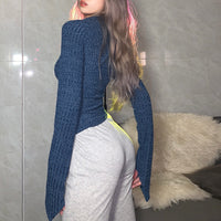 Women's Solid Color Knitted Slim Fit Irregular Off Shoulder Long Sleeve T-shirt