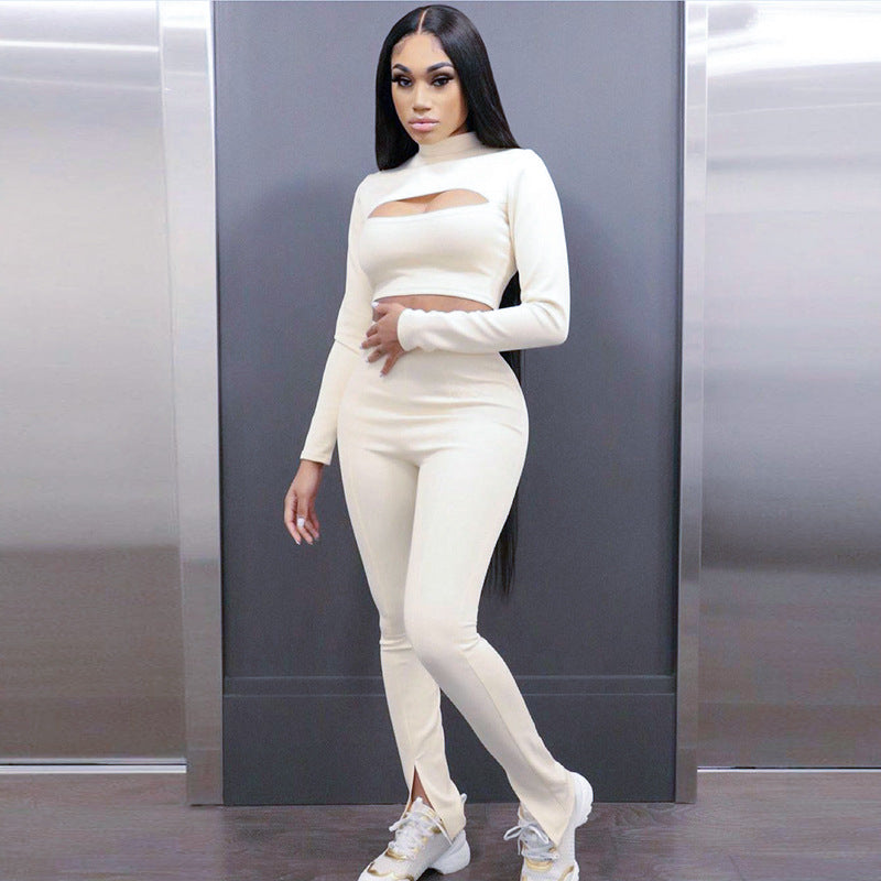 Long-sleeved Round Collar High-waisted  Womenâ€?s Jumpsuit Top and Pants Sets