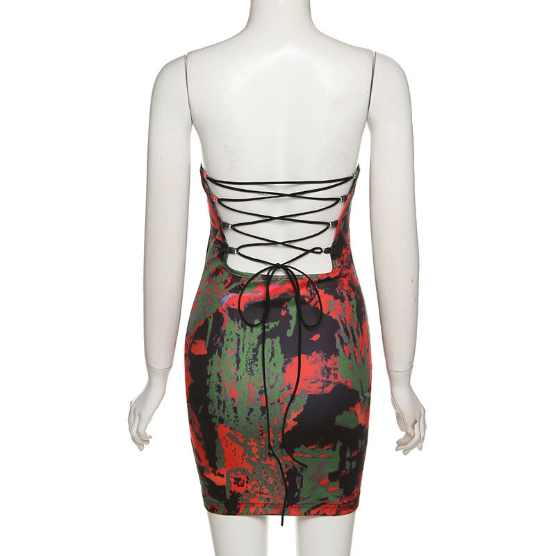 Women's Fashion Wrap Backless Strappy Print Sleeveless Dress