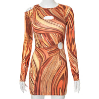 Long-sleeved Peach Lifting Striped Pattern Women Dress