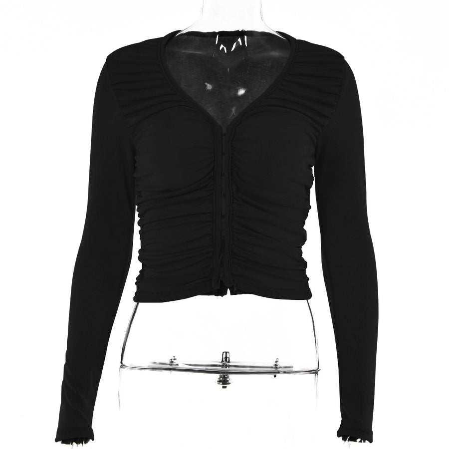 V-neck Long Sleeve Concealed Button Tops Women Clothes