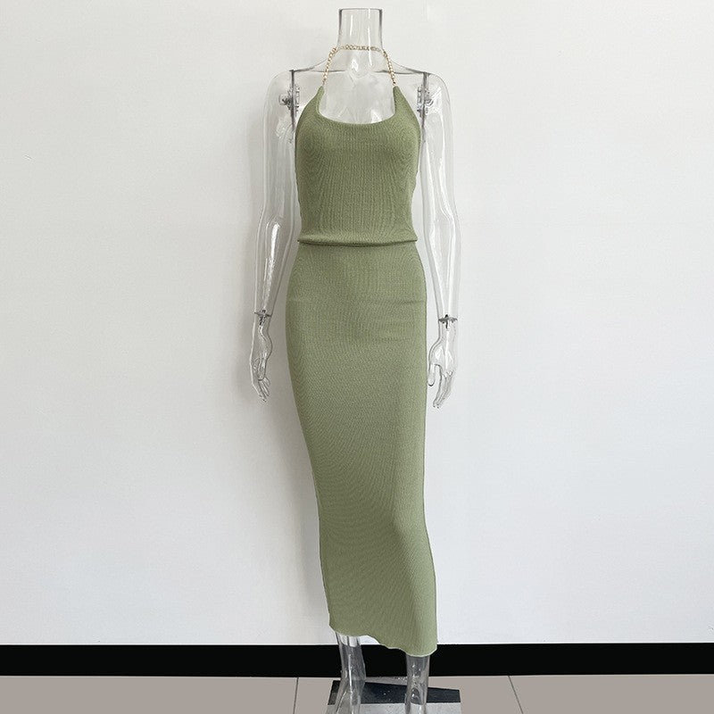 Green Halter Type High-waisted Mid-length Skirt Temperament Two-piece Women Dress
