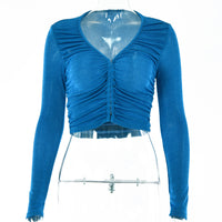 V-neck Long Sleeve Concealed Button Tops Women Clothes