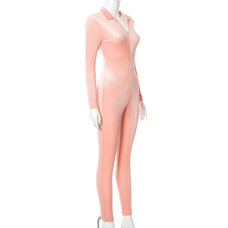 Solid Color Lapel Long Sleeve Suede Women Jumpsuit Sports Romper Peach Lifting Yoga Pants