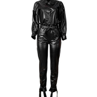 Women's Leather Long-sleeved Black Jumpsuit Plus Size with Pocket Romper