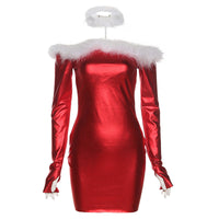 Christmas Fur Collar Long-sleeved Dress Off The Shoulder Women Dresses