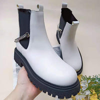 Ladies Shoes Solid PU Leather Contrast Chain Comfortable Flat Martin Boots Short Boots