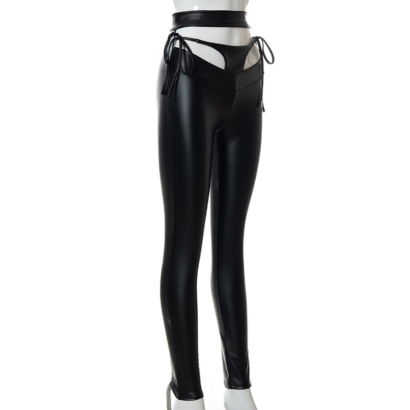 Solid Color Black Low Waist Tied Rope Peach Lifting Leather Women Leggings