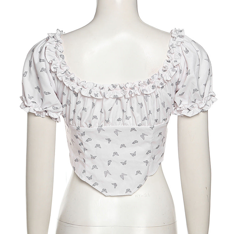 Women's Short-sleeved Square Neck Butterfly Print Tops