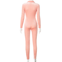 Solid Color Lapel Long Sleeve Suede Women Jumpsuit Sports Romper Peach Lifting Yoga Pants