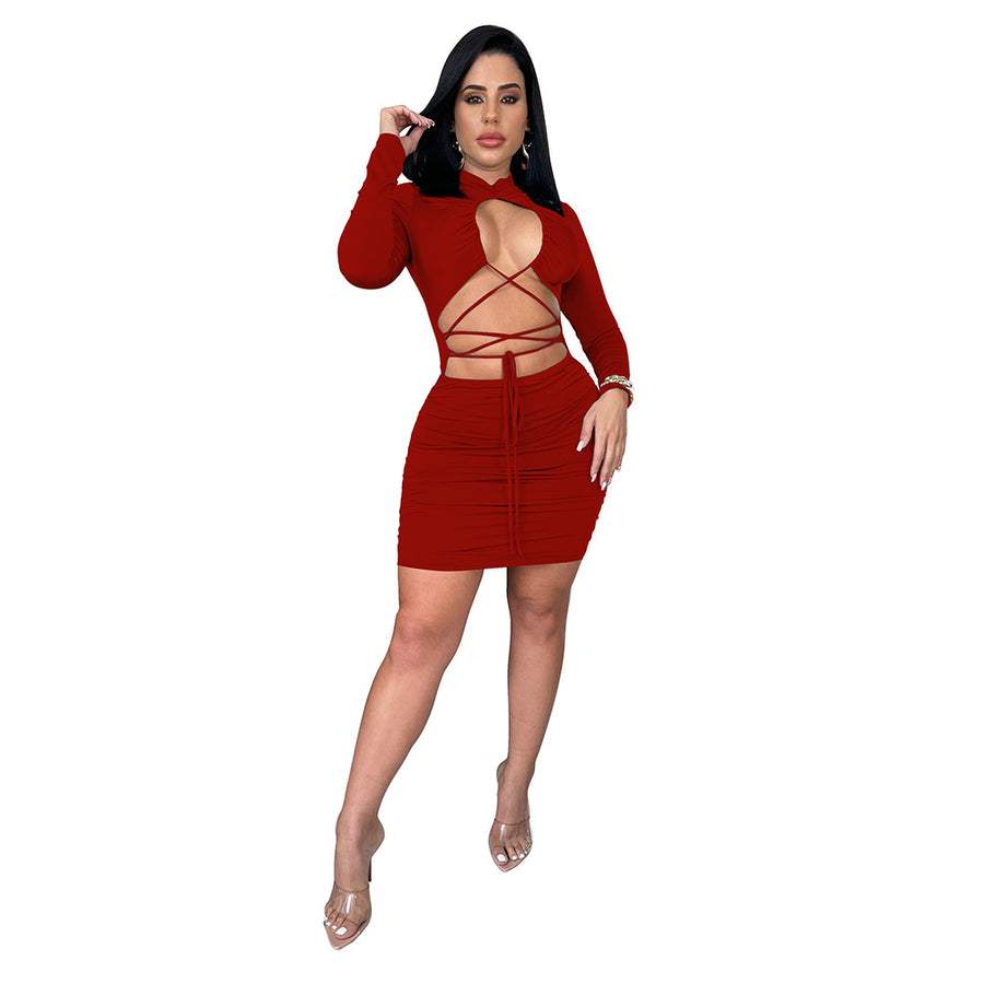 Long Sleeve Solid Color Dress Tied Rope Ruched Womens Skirt