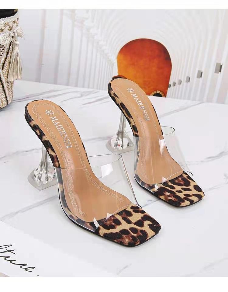 Women's Solid Color Transparent A Word with Fish Mouth Viscose Thick with High-heeled Sandals