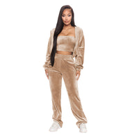 Velour fabric hooded three-piece tracksuit Women's sports suit