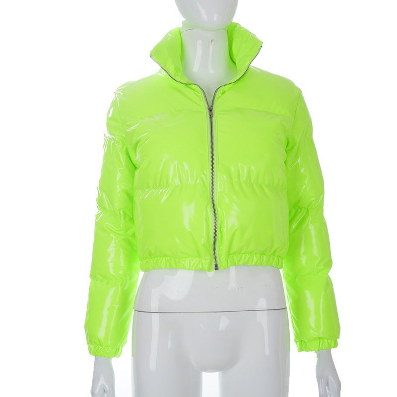 Women Winter Coat Solid Color Zipper Mirror Leather Cropped Puffer Jacket