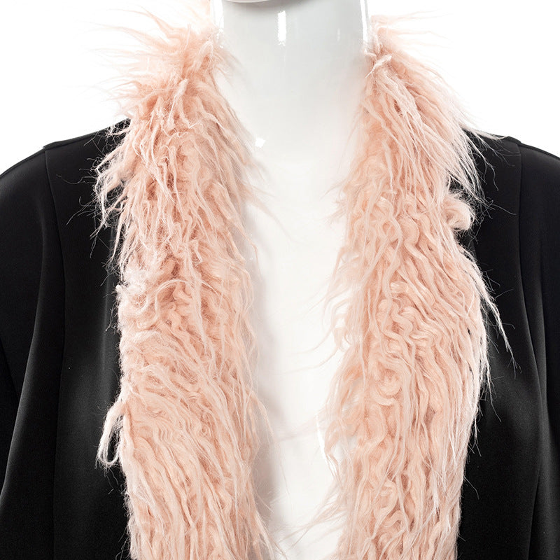Women‘s Black + Pink Stitching Long-sleeved Fur Stand-up Collar Tweed Coat Jacket