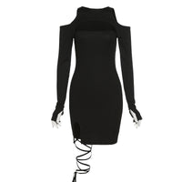 Women's Long-sleeved Knitted Round Neck Hollow Out Tied Rope Leg Dress