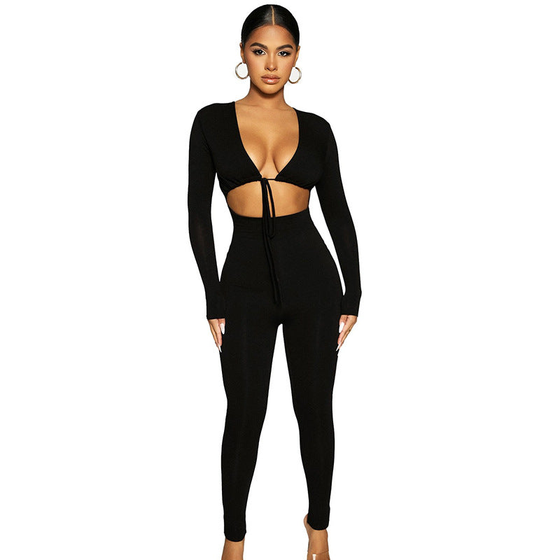 Solid Color Sexy Rope Tied Top Peach Lifting Leggings Women Jumpsuit