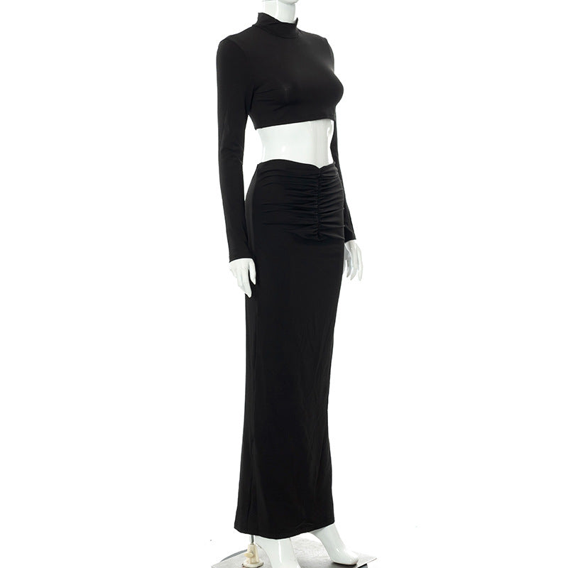 Women's long-sleeved high-neck top pleated long skirt two-piece set