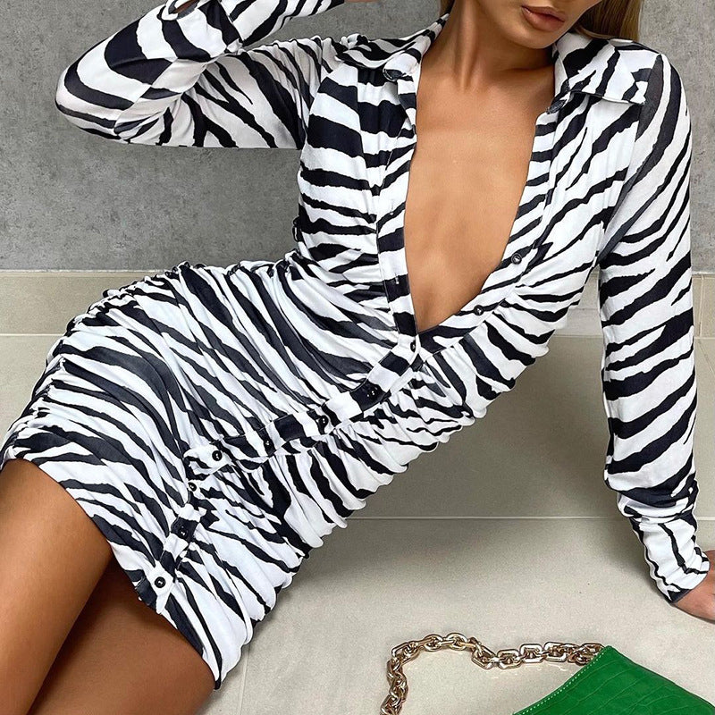 Collision Lapel Long Sleeve Ruched Single-breasted Dress Women