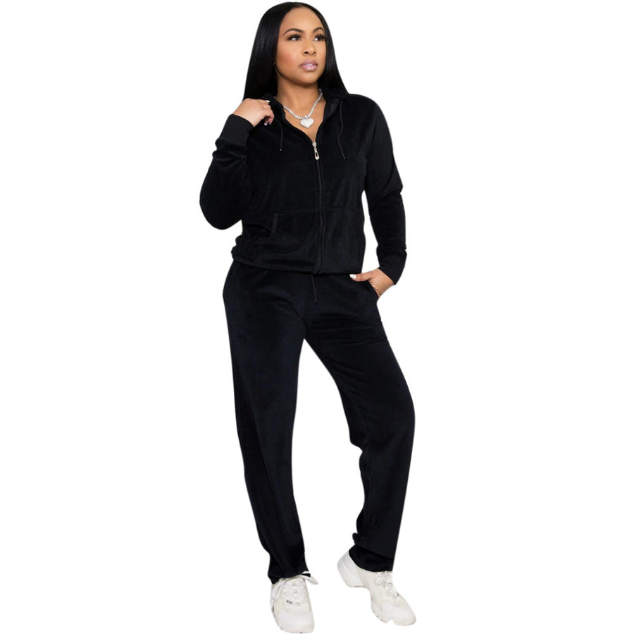 Long-sleeved Velvet Zipper Hoodie Two-piece Tracksuit Women Sports Suit