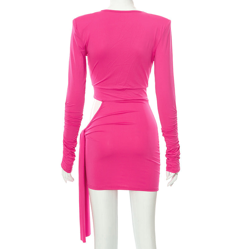 Solid Color Round Neck  Long Sleeve Tied Rope Short Dress Women