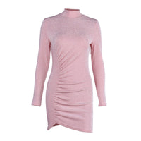Women's Solid Colour Bright Silk Pleated High Neck Long Sleeve Bodycon Dress