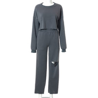 Solid Color High-waisted Hole Pants Long-sleeved Top Women Sports Tracksuit