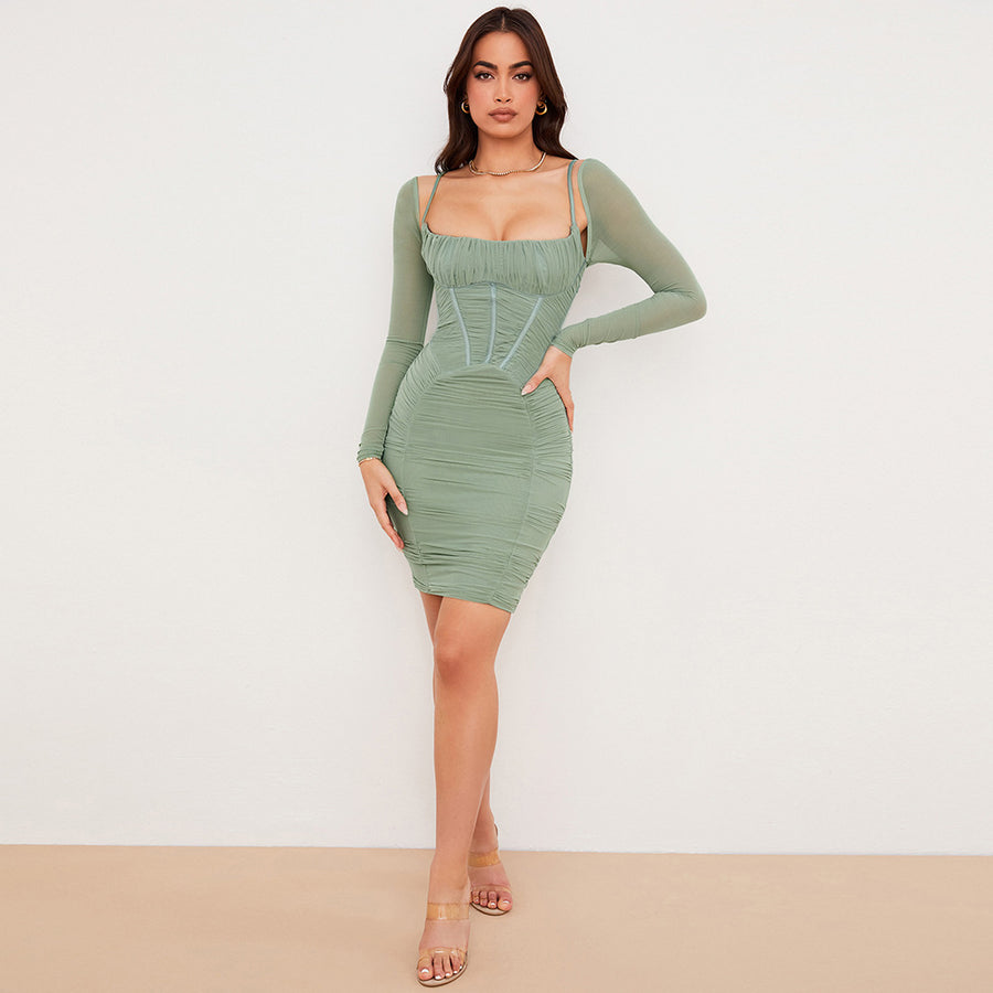 Green High Waisted  Halter Type Square Neck Dress Long Sleeve Shawl Women Two-piece Dress