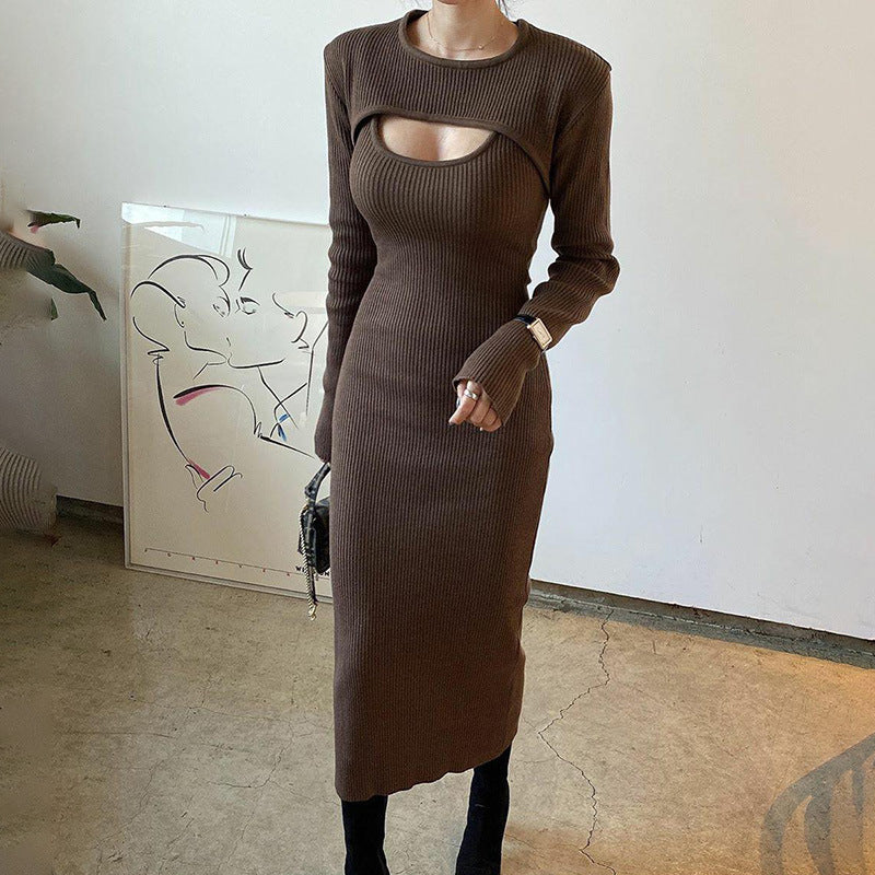 Women's Hollow Long-sleeved Shawl Two-piece Halter Dress