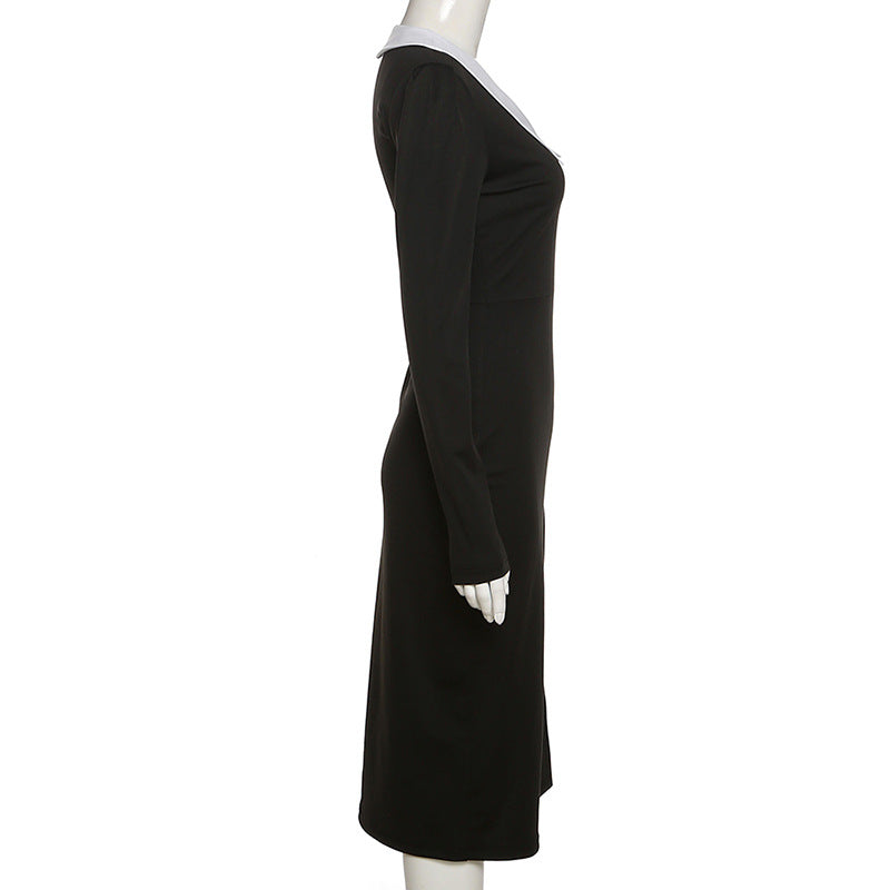 Women's Fashion Long-sleeved V-neck Slim Solid Color Dress