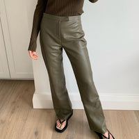 PU Leather Slim Straight Work Style Pants Long Trousers