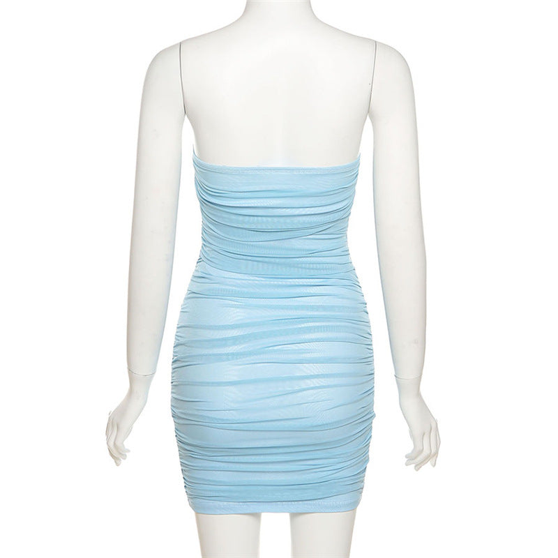 Women's Sexy Slim Sleeveless Strapless Blue Dress