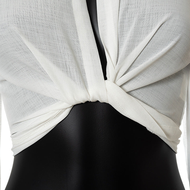 Women's Lapel Collar Long-sleeved Shirt Tied Blouse