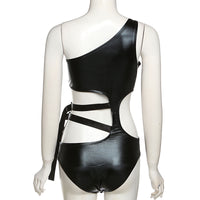 Women's One-shoulder Bodysuit Seductive Hollow Out Leather Jumpsuit