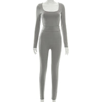 Solid Color Long-sleeved Jumpsuit High-waisted Yoga Pants Elastic Fabric Bodysuit and Long Pant Sets