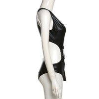 Women's One-shoulder Bodysuit Seductive Hollow Out Leather Jumpsuit