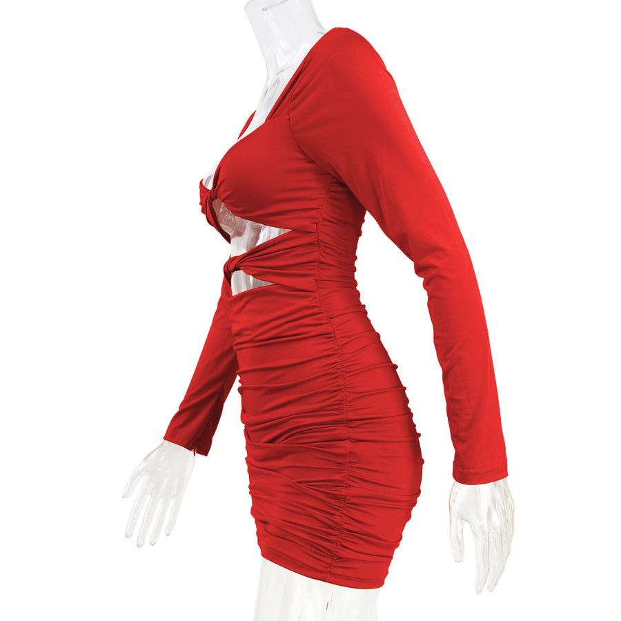 Long-sleeved Deep V Hollow Pleated Dresses Women
