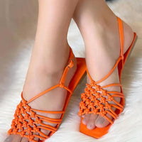 Women's Solid Color Woven Square Head Flat Slippers Beach Sandals