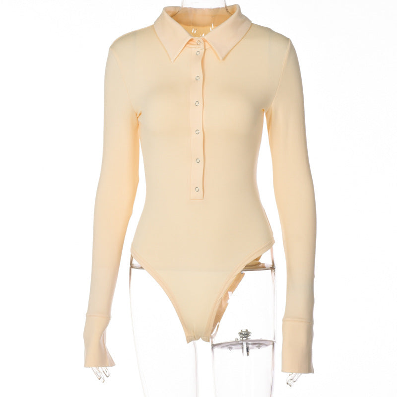 Women's Turndown Collar Jumpsuit Button Long Sleeve Bodysuit