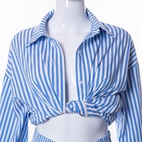 Women's Striped Long-sleeved Shirt High Waisted Shorts Two-piece Sets
