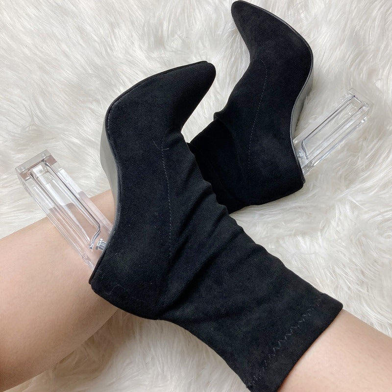 Women Boots Solid Color Suede Pointed Toe Clear Crystal High Heel Boots
