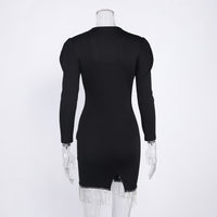 Women's Black Square Neck Tassel Patchwork Long Sleeve Evening Dress