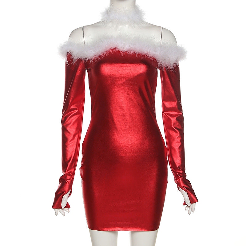 Christmas Fur Collar Long-sleeved Dress Off The Shoulder Women Dresses
