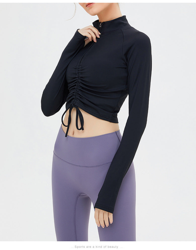 Women's Adjustable Drawstring Zipper Coat Yoga Long Sleeve Ruched Crop Tops