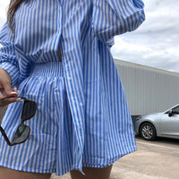 Women's Striped Long-sleeved Shirt High Waisted Shorts Two-piece Sets