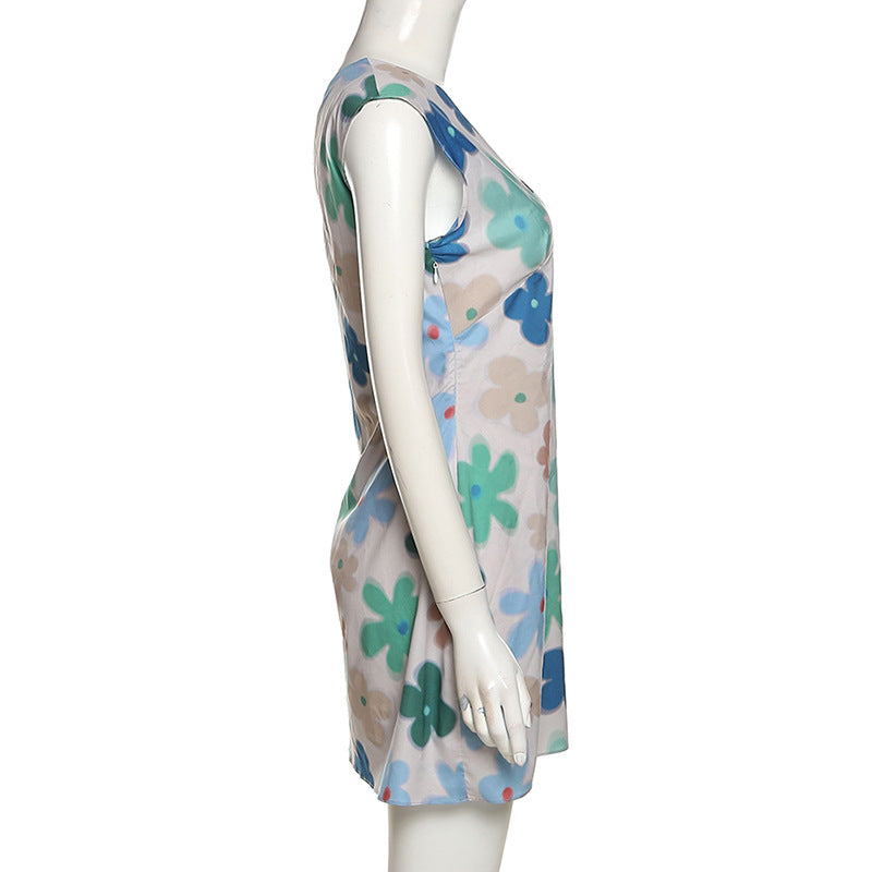 Women's V-neck Sleeveless Floral Print Peach Lifting Dress
