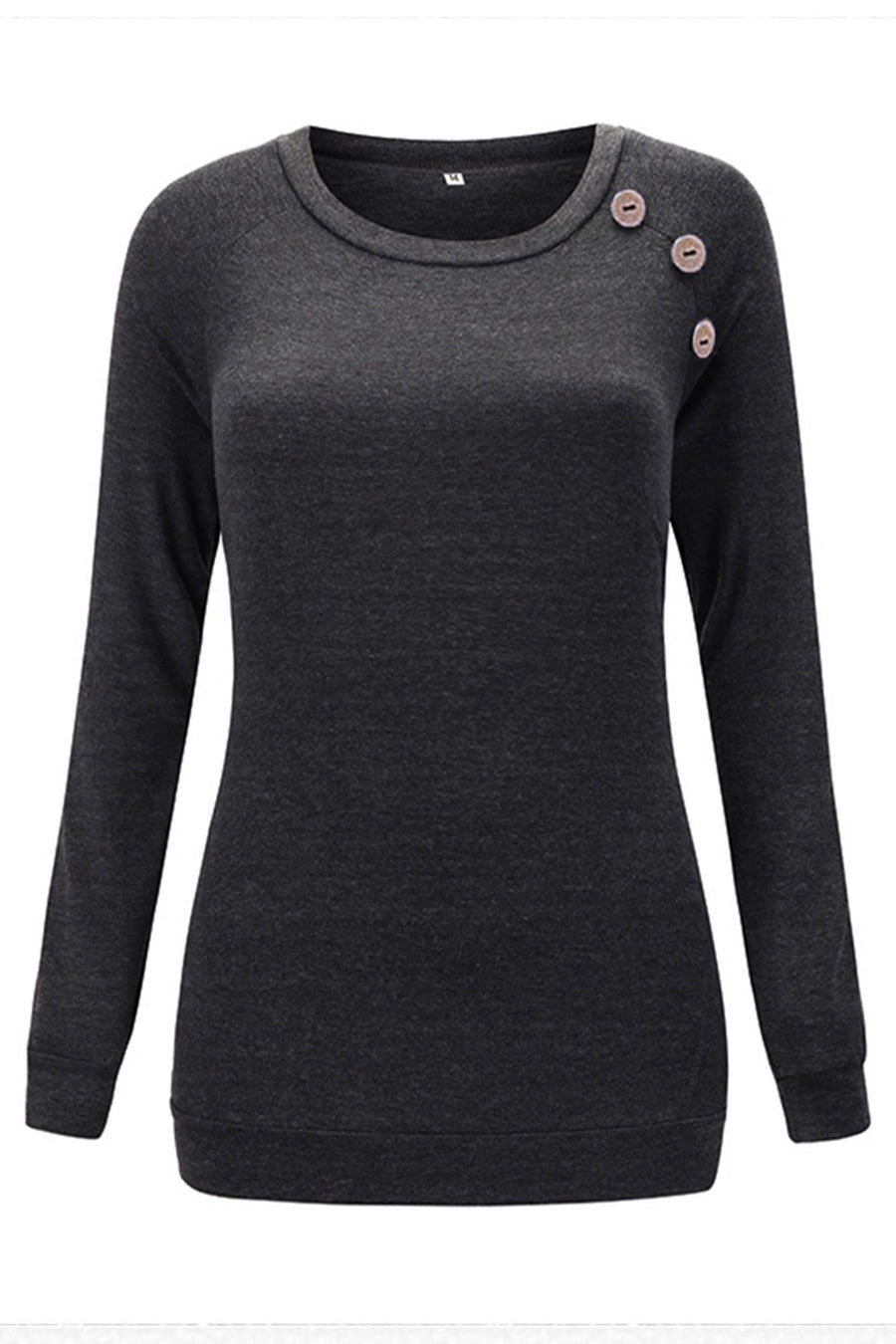 Women's Solid Crew Neck Raglan Button Stitched Long Sleeve T-shirt