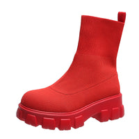 Women Boots Round Head Thick Bottom Middle Heel Knitted Martin Boots