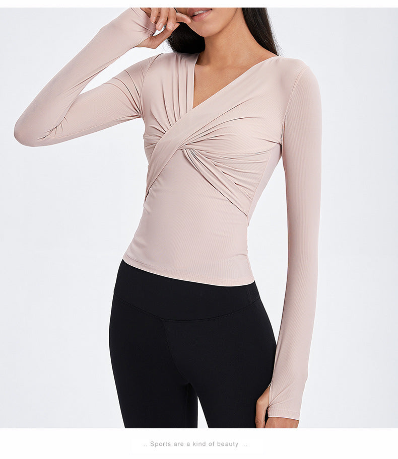 Breathable Long-sleeved V-neck Yoga Wear Ruched Sports Tops for Women