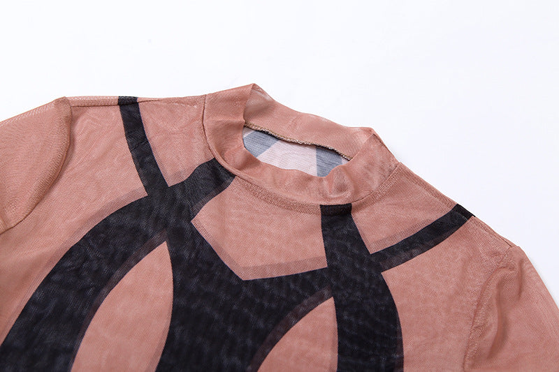 Women's Long-sleeved Round Neck See-through Seductive Peach Lifting Dress
